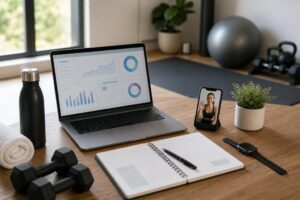 Home workout corner with laptop, abstract progress dashboard, dumbbells, and fitness planner.