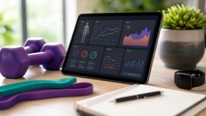 Tablet with abstract AI fitness planning dashboard beside dumbbells and a fitness notebook.