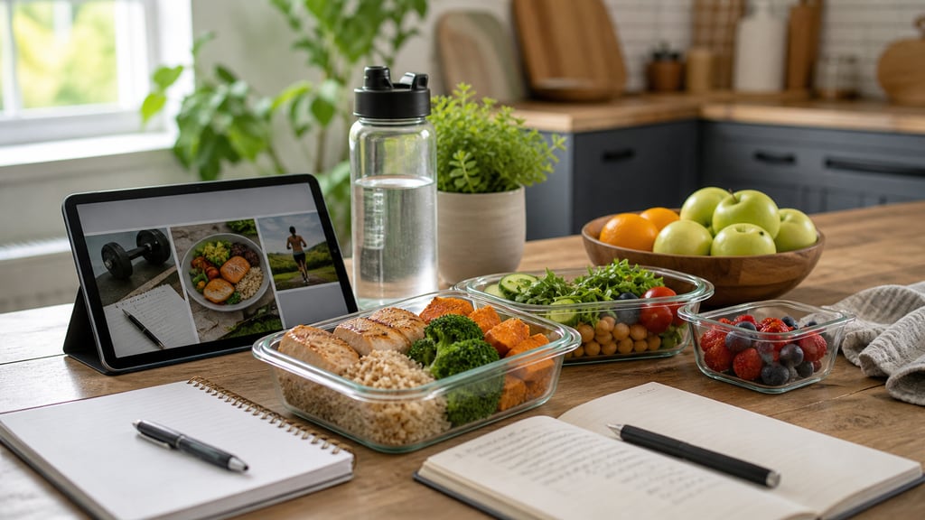Healthy meal prep and recovery planning setup for online fitness coaching.