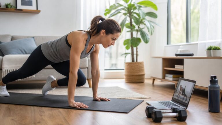 Person exercising at home while following an online personal training session on a laptop.