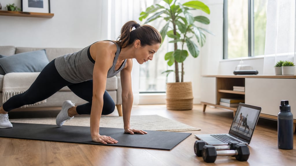 Person exercising at home while following an online personal training session on a laptop.