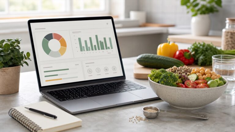 AI-assisted nutrition planning dashboard beside healthy whole foods on a kitchen counter.
