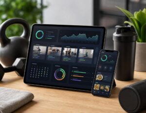 Tablet and phone showing an abstract AI virtual personal trainer dashboard beside workout equipment.