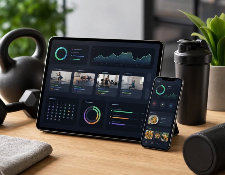 Tablet and phone showing an abstract AI virtual personal trainer dashboard beside workout equipment.