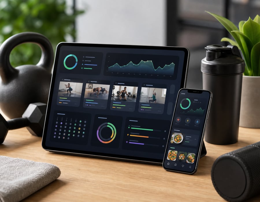 Tablet and phone showing an abstract AI virtual personal trainer dashboard beside workout equipment.