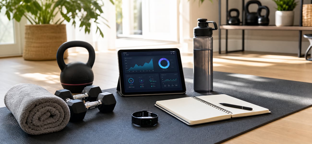 Home workout equipment, tablet, and training notes for online fitness coaching.
