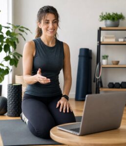 Mobility and recovery coach beside a mat and laptop in a calm home training space.