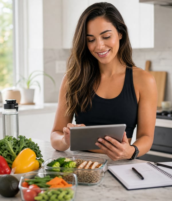 Nutrition and habit coach reviewing a tablet beside healthy meal prep.