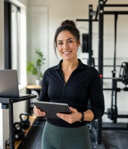 Remote strength coach holding a tablet in a bright training space.