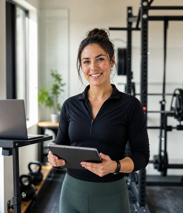 Remote strength coach holding a tablet in a bright training space.