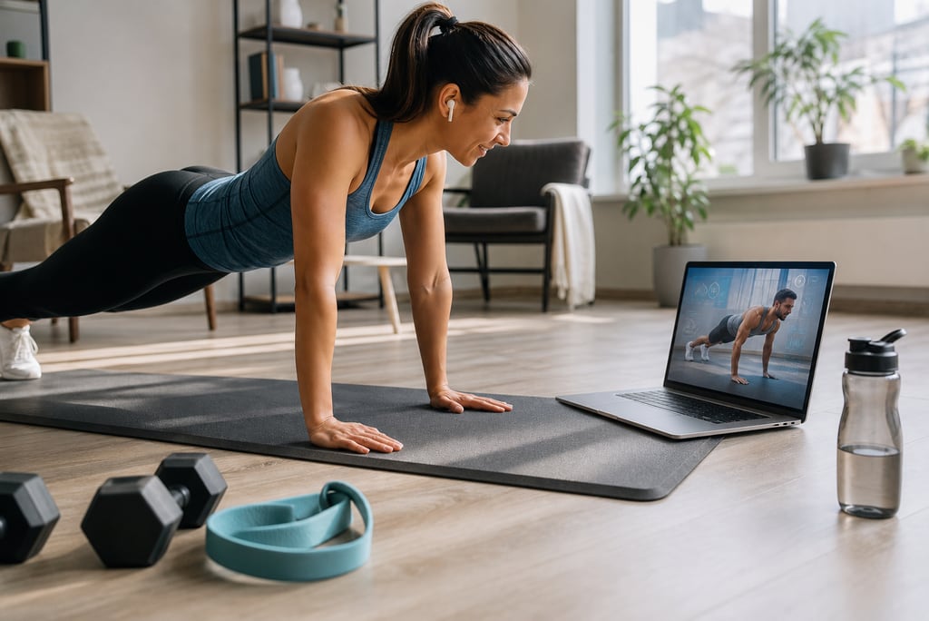 Person following a virtual personal trainer workout from a laptop in a bright home gym.