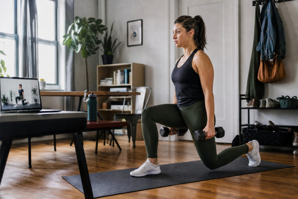 Woman performing a dumbbell reverse lunge while a virtual trainer demonstrates the same movement on a laptop.