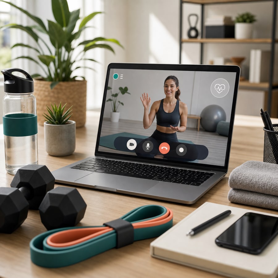 Generated image of a virtual personal trainer video call with home workout equipment.